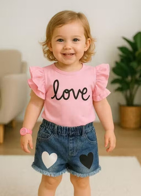Vinayy Creation Baby Girls Casual Top Shorts(Adorable Baby Girl Love Print Pink Top & Heart Denim Shorts Set)