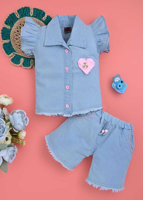 GESICA FASHION Baby Girls Casual Top Shorts(Blue)