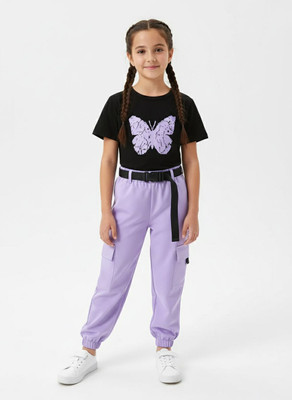 HouseOfCommon Girls Casual T-shirt Pant(BLACK & LAVENDER)