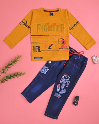 SKRAFATGARMENTS Boys Party(Festive) T-shirt Pant(Yellow)