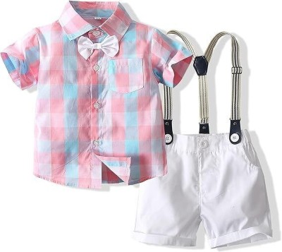 PINGAKSH LIFESTYLE Baby Boys & Baby Girls Party(Festive) Shirt Shirt, Shorts, Suspenders(PEACH)