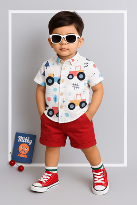 StyleDust Baby Boys & Baby Girls Casual Shirt Shorts(TRACTOR_WHITE-RED)