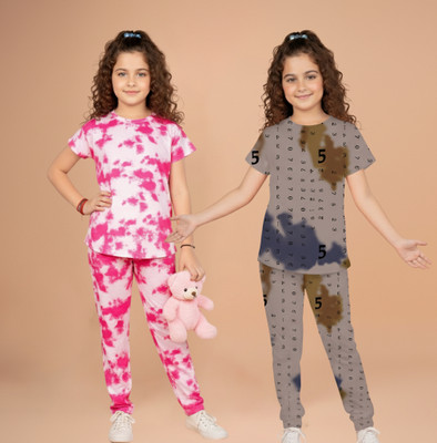 FEBVIBE Girls Casual T-shirt Pyjama(Multicolor 13)
