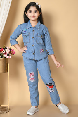 SS TEXTILE Baby Girls Party(Festive) Shirt Jeans(Light Blue)