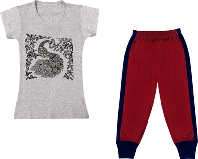 Indistar Girls Casual Capri T-shirt(Purple, Maroon)