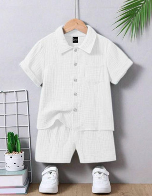 F Plus fashion Baby Boys Casual Shirt Shorts(White)