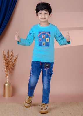 jelly qelly Boys Casual T-shirt Pant(Blue)