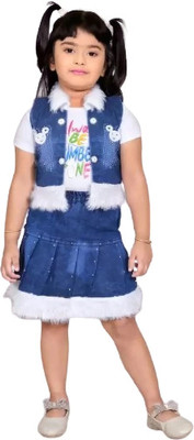 virupkesh Baby Girls Barbie Casual Skirt Shrug, Top(Blue Skrit)