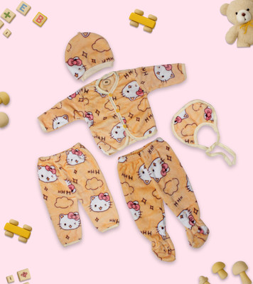 Bubs & Cubs Baby Boys & Baby Girls Casual Dress Pyjama, Bib, Cap, Bootie, Top(Golden)