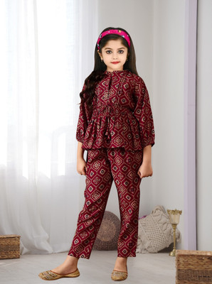 Clothes Shop Girls Casual Top Pant(Maroon)