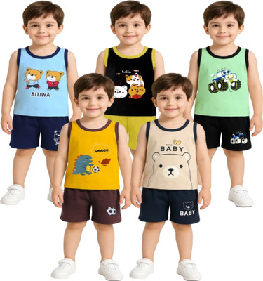 PY PINKYOU Baby Boys Casual T-shirt Shorts(Water Blue-Black-Light Green-Mustard-Biscuit)
