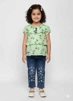 Girijesh Singh Baby Girls Party(Festive) Top Jeans(Green)