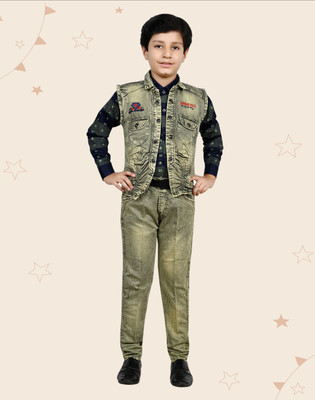 Kidotsav Boys Party(Festive) Shirt Jeans, Jacket(Green)