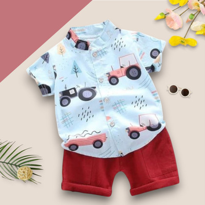 WinsKart Baby Boys & Baby Girls Party(Festive) Shirt Shorts(TRACTOR_SKY_RED)