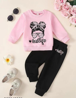 MUSNAHGARMENTS Baby Girls Barbie Casual T-shirt Pyjama(Pink and Black)