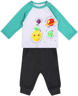 BabiesRus Boys Casual T-shirt Track Pants(TOP-White, Bottom-Charcoal melange)