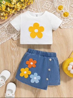 I Naina Dresses Girls Daisy Casual Top Skirt(White & Denim)