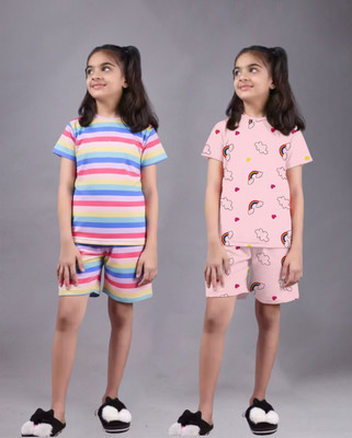 FEBVIBE Girls Casual T-shirt Shorts(Multicolor 47)