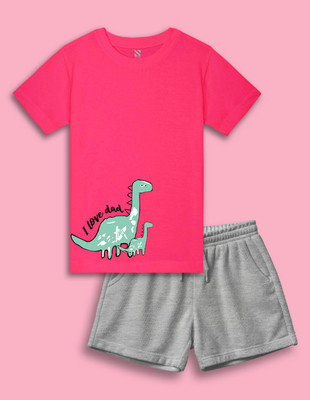 Nusyl Boys Casual T-shirt Shorts(Hot Pink & Grey)