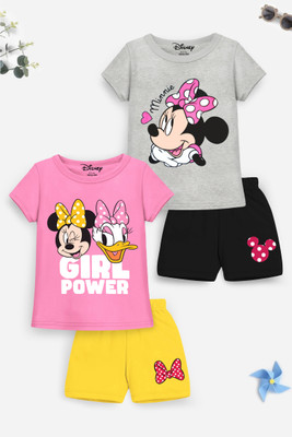 DISNEY BY MISS & CHIEF Girls Minnie Casual T-shirt Shorts(Grey Black, Pink Yellow)