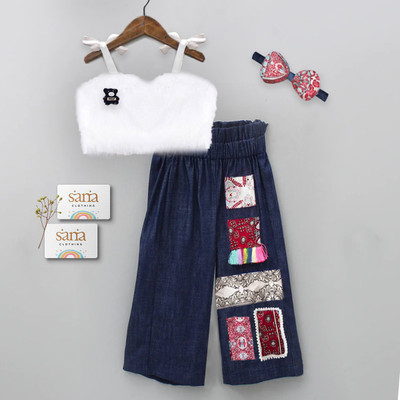 Sana Clothing Girls Party(Festive) Pant Top(Nevy Blue, White)