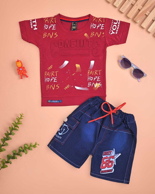 SKRAFATGARMENTS Boys Party(Festive) T-shirt Pant(Maroon)