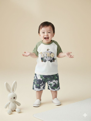 Pompidou Baby Boys Casual T-shirt Pant(Olive)