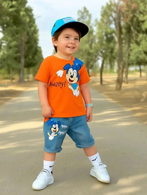 CALCUTTA FASHION Baby Boys & Baby Girls Mickey Casual T-shirt Shorts(Orange Blue)