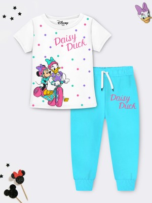 DISNEY BY MISS & CHIEF Girls Minnie Casual T-shirt Track Pants(White, Sky Blue)