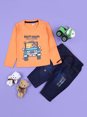 V-MART Baby Boys Casual T-shirt Pant(Orange & Blue)