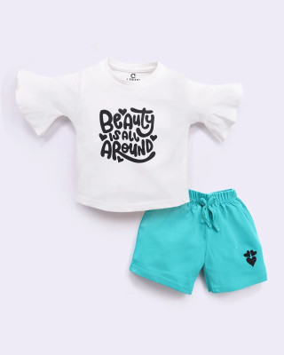 CERABI Girls Casual Top Shorts(White-Green)