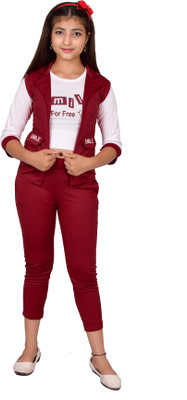 OXFY Girls Festive & Party Blazer and Pant Set(Maroon Pack of 1)