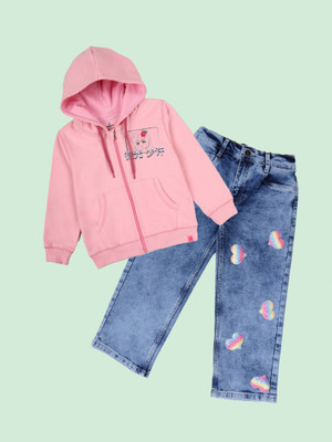 KiddoPanti Girls Casual Sweatshirt Jeans(Peach Pink & Light Rag Blue)