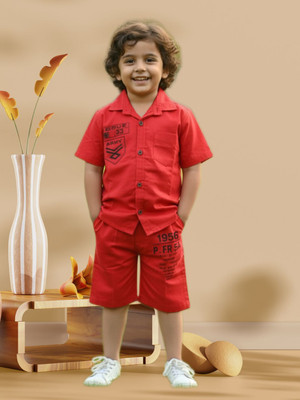 FASHION GRAB Boys Casual Shirt Shorts(Red)