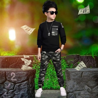 HouseOfComman Boys Party(Festive) T-shirt Track Pants, T-shirt(Black)