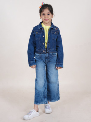 KiddoPanti Girls Casual T-shirt Jacket, Jeans(Yellow & Blue)