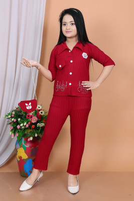 AlinaAliza Girls Casual Shirt Pant(Maroon)
