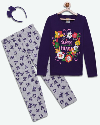 HouseOfCommon Girls Casual Pyjama Sleepsuit(PUR_3BD)