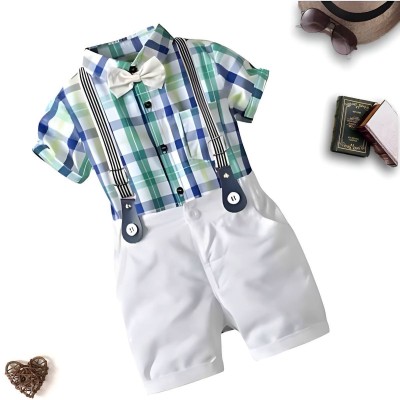 philanthropic Baby Boys & Baby Girls Party(Festive) Shirt Shirt, Shorts, Suspenders, Bow Tie(GREEN CHEX)