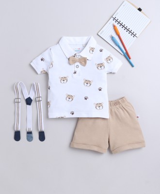 BUMZEE Boys Party(Festive) T-shirt Shorts, Suspenders(White & Brown)