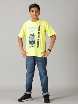 KiddoPanti Boys Casual T-shirt Jeans(Sunny Lime & Md Blue)