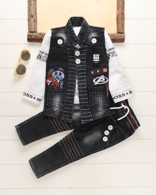 I G CRREATION Boys & Girls Casual Waistcoat T-shirt, Jeans(BLACK, white)