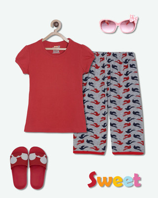 SINI MINI Girls Casual Pyjama Sleepsuit(RED_2SPA)