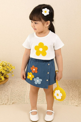 JMD Creation Baby Girls Casual T-shirt Skirt(White & Blue)