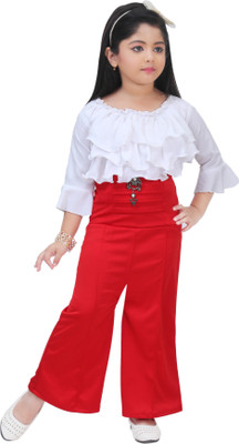 NAINUR SALMA DRESSES Girls Casual Top Pant(RED, WHITE)