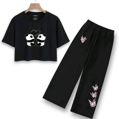 Bellame Girls Kung Fu Panda Casual T-shirt Pyjama(BLACK)