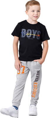 Patche Boys Casual T-shirt Track Pants(Black Top, Grey Pant)