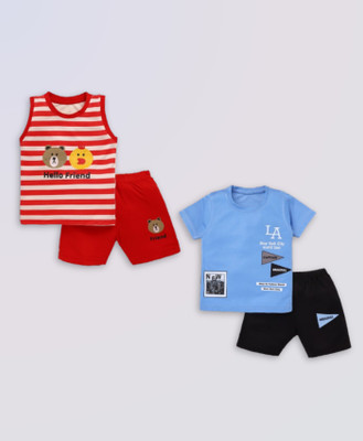 KOLKIDS Baby Boys & Baby Girls Casual T-shirt Shorts(OFF WHITE_OCEAN BLUE)