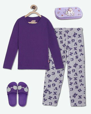 HouseOfCommon Girls Casual Pyjama Sleepsuit(PUR_ABC)