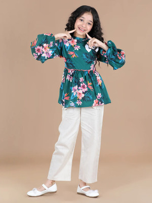 CUTIEKINS Girls Casual Top Trouser(Forest Green & Off White)